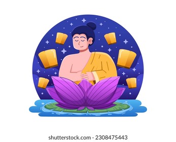 Una ilustración vectorial del Día del Buda Vesak, que muestra a un monje meditante sentado sobre una flor de loto floreciente.
un monje budista meditando en paz.
perfecto para tarjetas de felicitación, postales, banner, etc