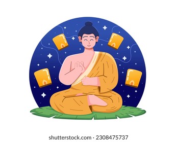 A vector illustration of Buddha's Vesak Day, featuring a meditating budha monk at top seated lotus leaf.
a Budha monk meditating in peaceful.
perfect for greeting card, postcard, banner, etc