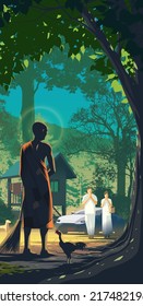 Vector illustration in Buddhism of an enlightened monk is sweeping ground in his parsonage area with the background of the arrival of the laypeople to practice Dhamma