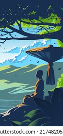 Vector Illustration In Buddhism Of A Theravada Monk Meditating Under The Tree With A Background Of Mountains