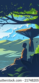 Ilustración vectorial en el budismo de un monje Theravada meditando bajo el árbol con un fondo de montañas