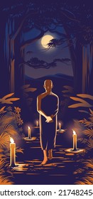 Vektorgrafik eines Theravada-Mönchs im Buddhismus praktiziert Meditation in Bewegungsmethode im Wald in der Nacht, um die Leidenschaft der Angst in seinem Geist los zu werden