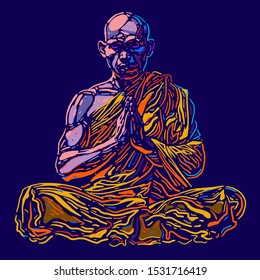 Vector illustration. Buddhist monk doing meditation 