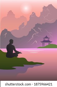 a vector illustration of a buddhist monk meditating near the river with a landscape on the background