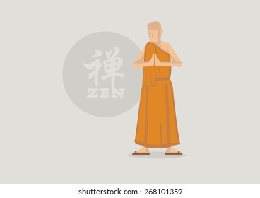 Vector illustration of Buddhist Monk wearing saffron robe praying with palms together and standing in front of Zen circle symbol. Chinese character or Japanese Kanji in circle translate to Zen.