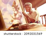 Vector illustration of a Buddhist old man is offering alms to monks and practicing dhamma at a Thai temple with great faith in the belief that this merit will lead him to be born as a deva in heaven