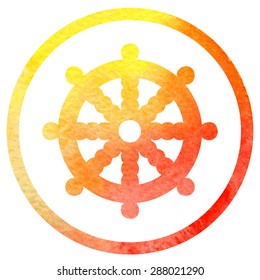 Vector illustration of buddhist symbol Dharma wheel in bright orange watercolor circle frame with white background.