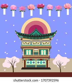 [Vector] Illustration of the Buddhist Temple with lotus Lanterns on Buddha's Birthday 01