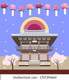 [Vector] Illustration of the Buddhist Temple with lotus Lanterns on Buddha's Birthday 02