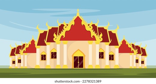 Ilustración vectorial de un templo budista y símbolos: fuego, aire, tierra, agua y sabiduría al estilo de las caricaturas. Lugar de culto para los budistas. Cultura asiática. Religiones de Tailandia.