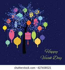 vector illustration / buddhists holiday of Vesak greeting / colorful lanterns decoration on the tree