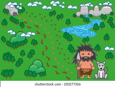 Vector Illustration Buddy Caveman And Dog Made A Journey