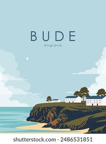 Vector illustration. Bude England. Travel poster, banner, postcard, cover. Modern design. Tourism, travel.