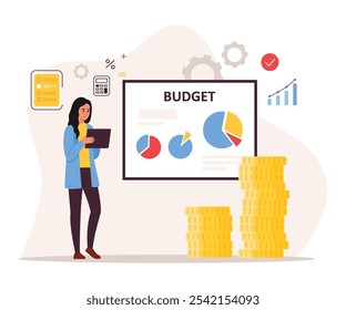 Vector illustration of budget analysis. Cartoon scene of a girl calculating profits, holding a tablet, a chart board,a graph,a calculator,a to-do list, a stack of coins isolated on a white background.
