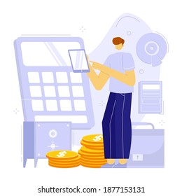Vector illustration of budget or financial planning. Calculator, safe, document, smartphone, diagram chart. 