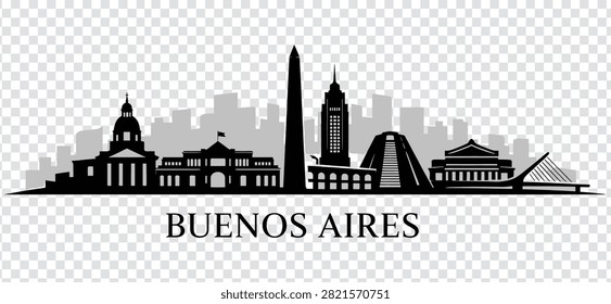 Vector illustration of Buenos Aires city skyline, featuring iconic landmarks like the Obelisk and National Congress, isolated on a transparent background.