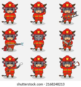 Vector Illustration of Buffalo cartoon with Firefighter costume. Set of cute Buffalo characters. Collection of funny Buffalo isolated on a white background.