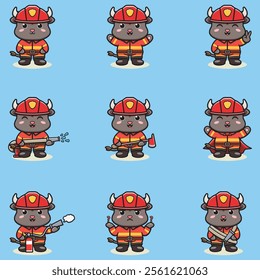 Vector Illustration of Buffalo cartoon with Firefighter costume. Set of cute Buffalo characters. Collection of funny Buffalo isolated on a white background.