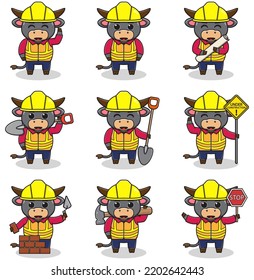 Vector illustration of Buffalo character at construction site. Construction workers in various tools. Cartoon Animal characters in hard hat working at building site vector.