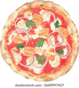 Vector illustration of Buffalo Chicken Pizza with spicy chicken, buffalo sauce, mozzarella, and blue cheese. Top view