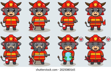 Vector illustration of Buffalo firefighters set. Fire fighter profession with flat design style. Good for icon, label, sticker, clipart.