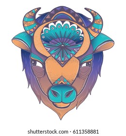 Vector illustration of buffalo head. Vector poster with bison in geometric style.