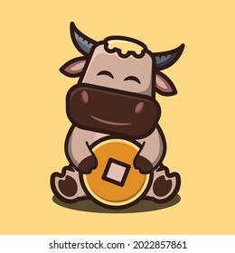 vector illustration of buffalo hugging coins ,cartoon animal concept