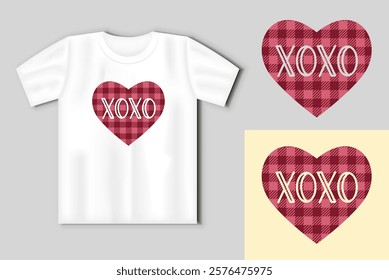 Vector illustration of Buffalo plaid heart with XOXO inscription. ute illustration with t-shirt mockup