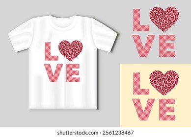 Vector illustration of buffalo plaid and leopard print LOVE Valentines day concept with t-shirt mockup