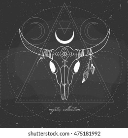 vector illustration with buffalo skull on a chalkboard, mystical illustration with bull skull, cow's skull on blackboard, boho style