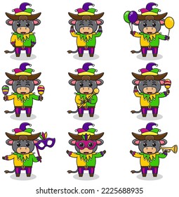 Ilustración vectorial Búfalo usando ropa de mardi gras en diferentes poses aisladas en fondo blanco. Dibujo de un búfalo de Mardi Gras . Mardi Gras jester, listo.