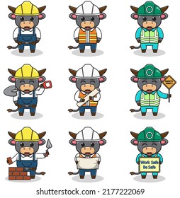 Vector illustration of Buffalo worker, builder, laborer cartoon. Cute Buffalo engineers workers, builders characters isolated cartoon illustration. Vector illustration on white background