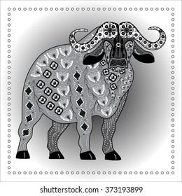Vector illustration of the buffalo in zentangle style. Monochrome pic
