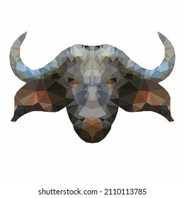 Vector illustration of a buffalo's head in low poly style. Animal head mascot with polygonal shape.