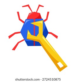 Ilustração vetorial de um bug combinada com uma ferramenta de correção, simbolizando o reparo do sistema. Adequado para depuração, manutenção de software e desenvolvimento de aplicativos.