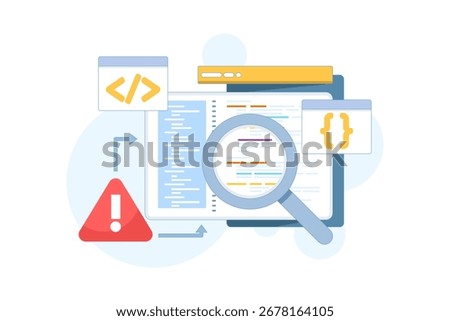 Vector illustration of bug report concept. Magnifying glass searching software errors and system issues, symbolizing debugging, computer virus protection, and security in digital programs.