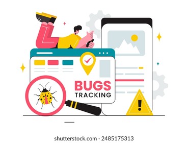 Vector Illustration of a Bug Tracking Tool with Mobile Phone Protection from Computer Viruses in a Website Security Flat Cartoon Background