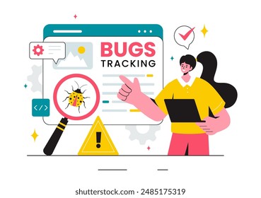 Vector Illustration of a Bug Tracking Tool with Mobile Phone Protection from Computer Viruses in a Website Security Flat Cartoon Background