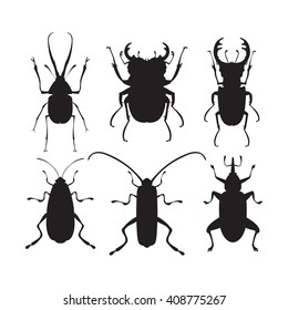 Vector illustration of bugs. Isolated on a white background. Beetle flat icons. Insect silhouette set.