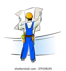 Vector illustration of a builder with blueprints