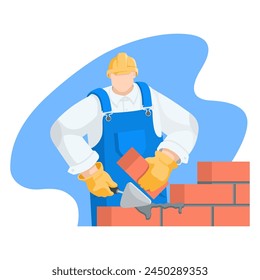 vector illustration of builder character building a brick wall, in color on a white background, profession of a mason