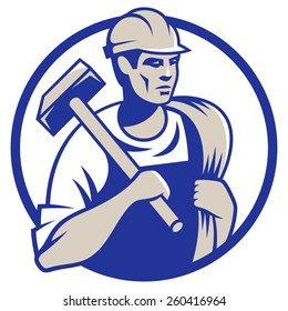 Vector illustration of a builder construction worker with hammer