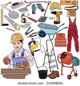 Vector illustration, builder gear, cartoon concept, white background.