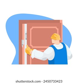 vector illustration of a builder in a hard hat and uniform installing a door at a construction site, in color on a white background, work on construction and repair