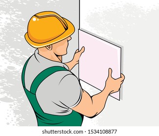Vector illustration of a builder laying tile