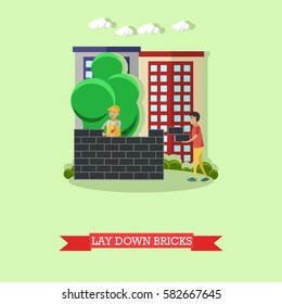 Vector illustration of builder, mason laying bricks and worker helping him. Building site, bricklayer. Construction, masonry concept vector illustration in flat style.