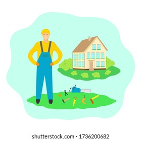 Vector illustration of a Builder near a house