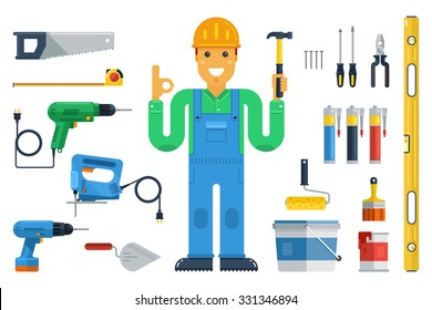 Vector illustration with builder and tools: drill,hacksaw, hammer,paint, glue, sealant, etc. Flat style. Elements for infographic.