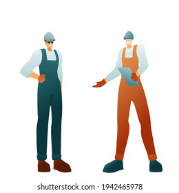 Vector illustration of a builders with a clipboard on a white background. Characters in helmets, men workers in uniforms. Modern flat design advertising a construction company.