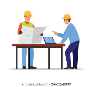 Vector illustration of builders discussing construction plans isolated on white background.Cartoon scene of builders in yellow protective helmets, holding a construction plan,at a table with a laptop.
